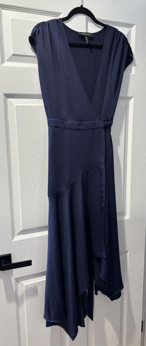 Vintage Women’s BCBG Max Azria Navy Wrap Dress Sz Small Frilly Hem Tie Waist Y2K
